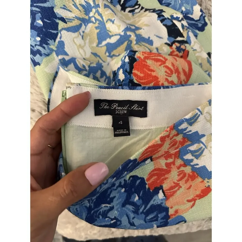 J. Crew The Pencil Skirt Green Blue Multicolor Floral Print Size 4 - Picture 7 of 7